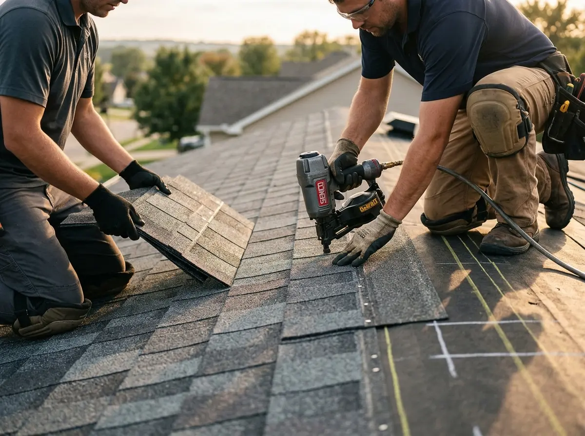 Professional roofer working on a residential roof in New Brunswick
